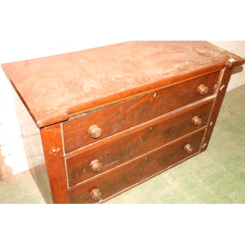 230 - Antique mahogany three drawer chest with break front top, 122cm long.