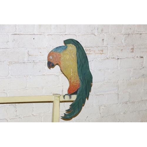 236 - Vintage painted two bar towel rail with parakeet design, 137cm high.