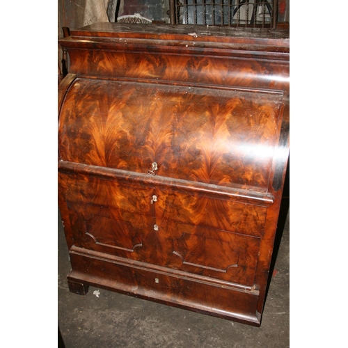 256 - Antique Continental flame mahogany veneered cylinder bureau with fully fitted interior including dra... 