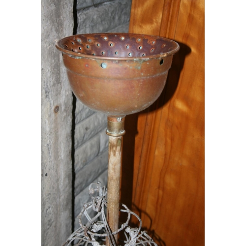 280 - Vintage laundry plunger with copper bell and hanging metal garden jardinières.