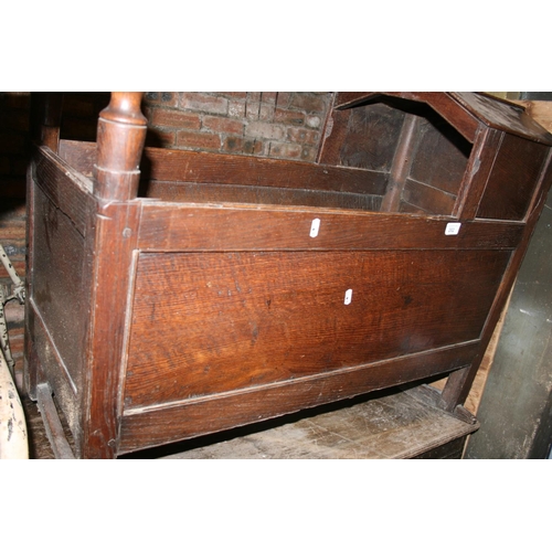 282 - 19th century elm and oak rocking crib with hooded canopy, 92cm long.