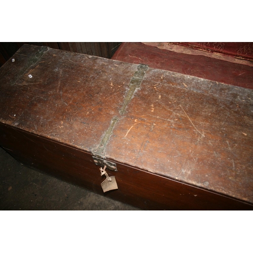 283 - Large pitch pine metal bound hinge top chest, 138cm long.