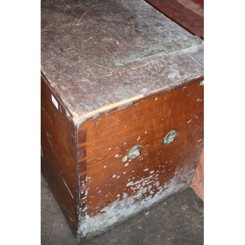 283 - Large pitch pine metal bound hinge top chest, 138cm long.