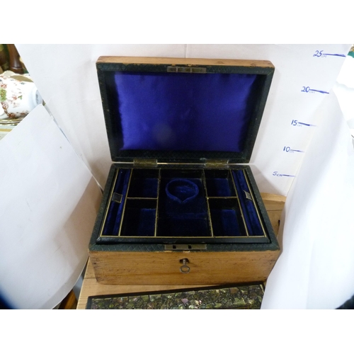 102 - Antique jewellery box, ebonised card case and a mother of pearl and abalone decorated book folder.  ... 