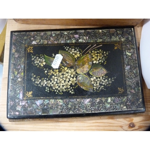 102 - Antique jewellery box, ebonised card case and a mother of pearl and abalone decorated book folder.  ... 