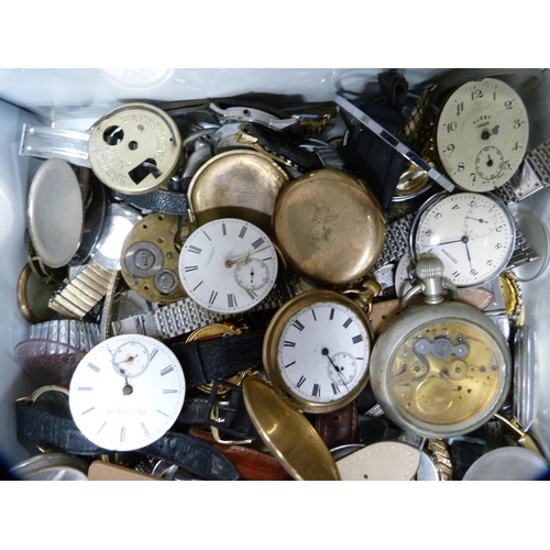 112 - Carton containing miscellaneous pocket watch parts and movements, also wristwatch cases and movement... 