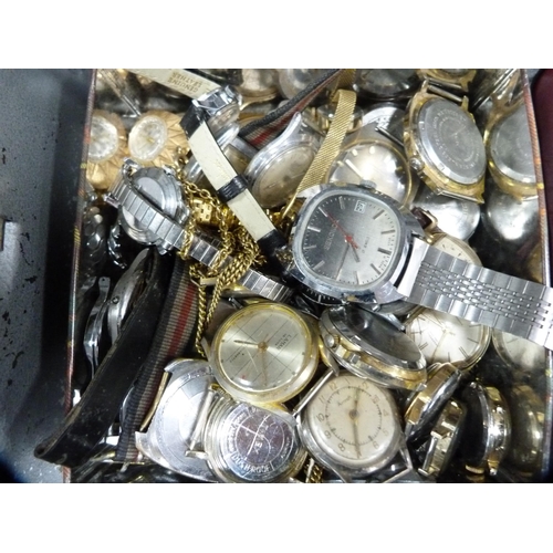 115 - Tin containing assorted manual wind, quartz and automatic watch parts and a Roamer watch box.