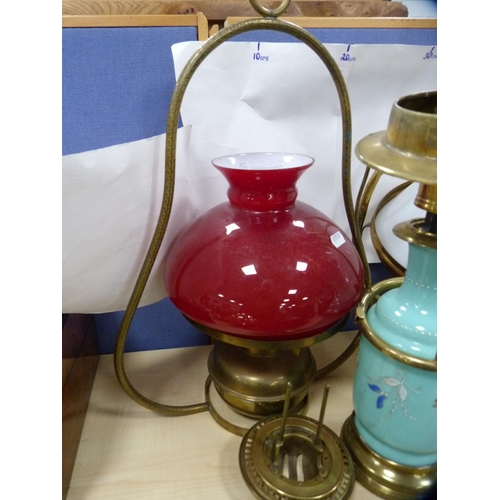 16 - Victorian opaque glass converted hanging oil lamp and two others. (3)