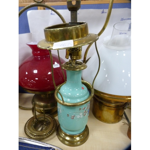 16 - Victorian opaque glass converted hanging oil lamp and two others. (3)