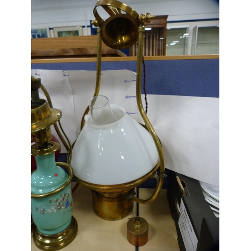 16 - Victorian opaque glass converted hanging oil lamp and two others. (3)