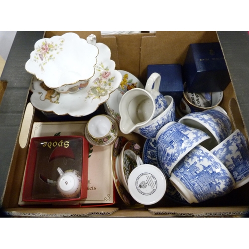 18 - Two cartons of miscellaneous teawares to include Royal Crown Derby, Foley commemorative cup, Aynsley... 