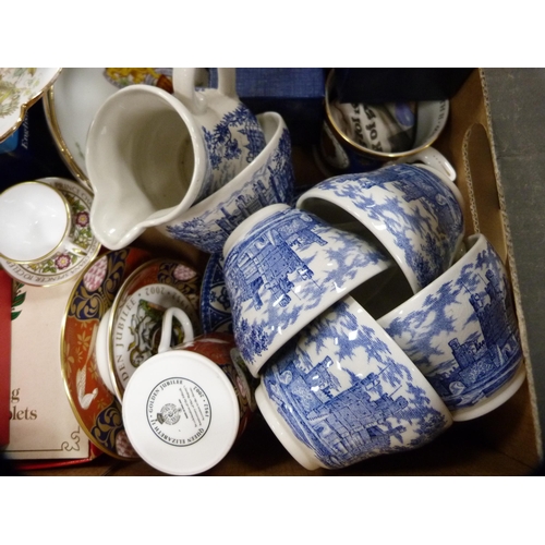 18 - Two cartons of miscellaneous teawares to include Royal Crown Derby, Foley commemorative cup, Aynsley... 