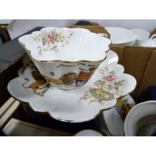 18 - Two cartons of miscellaneous teawares to include Royal Crown Derby, Foley commemorative cup, Aynsley... 