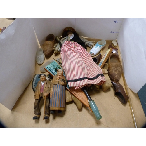 240 - Cloth doll, miniature Dutch-style clogs and oriental-style shoes, wooden figures, fan, back scratche... 