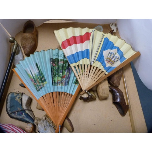 240 - Cloth doll, miniature Dutch-style clogs and oriental-style shoes, wooden figures, fan, back scratche... 