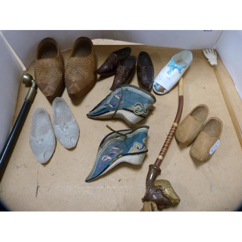 240 - Cloth doll, miniature Dutch-style clogs and oriental-style shoes, wooden figures, fan, back scratche... 