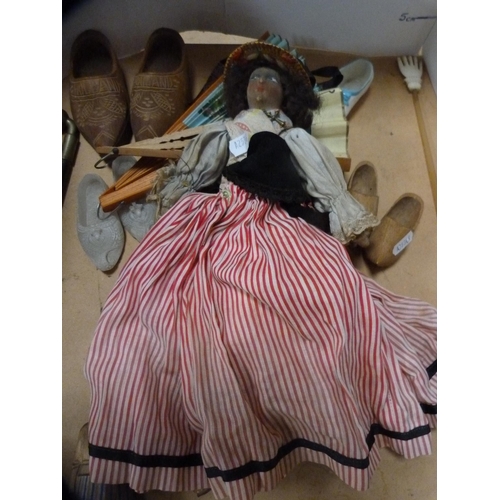 240 - Cloth doll, miniature Dutch-style clogs and oriental-style shoes, wooden figures, fan, back scratche... 