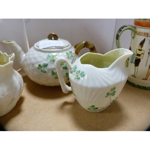 241 - Belleek teapot and a similar cream jug, early black backstamp for Fermanagh to the underside, simila... 