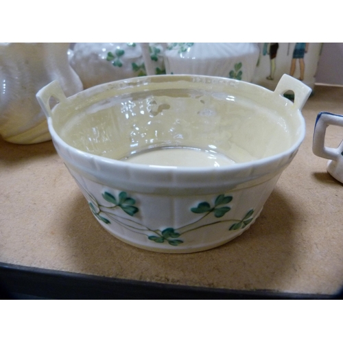 241 - Belleek teapot and a similar cream jug, early black backstamp for Fermanagh to the underside, simila... 