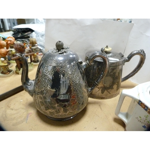 242 - Noritake comport, two EP teapots, ceramic teapots, Art Deco-style candlesticks, old photographs etc.