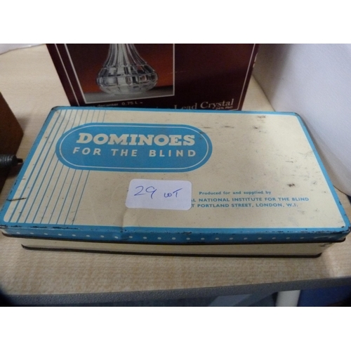 29 - Set of dominoes for the blind in fitted box, set of large wooden children's dominoes and a lead crys... 