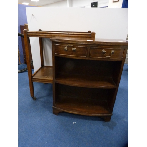 445 - Small mahogany open bookcase with two drawers above and an oak tea trolley.  (2)