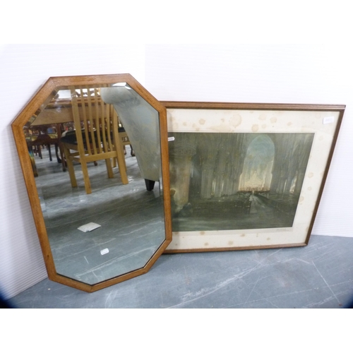 447 - Inlaid mahogany octagonal wall mirror and a pencil signed print of a church interior.