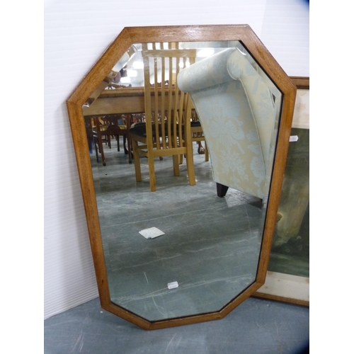 447 - Inlaid mahogany octagonal wall mirror and a pencil signed print of a church interior.