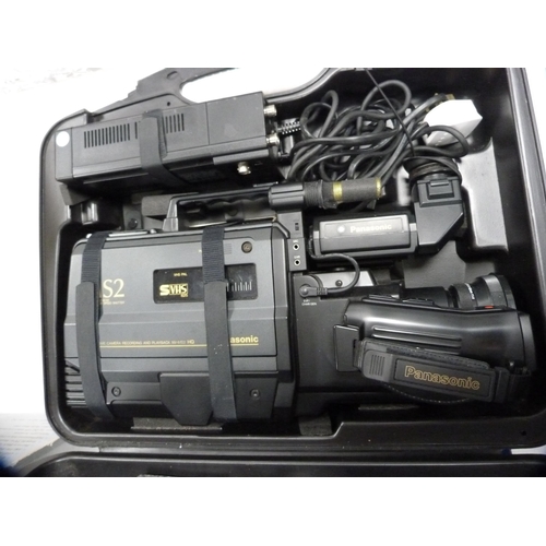 47 - Panasonic NS2 VHS movie camera with accessories, in fitted carry case, also digital and other camera... 