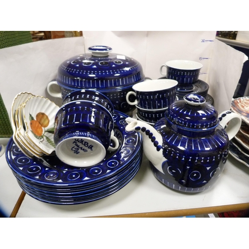 67 - Arabia Finland blue and white part dinner set to include tureen, cups, teapot, also four Royal Worce... 