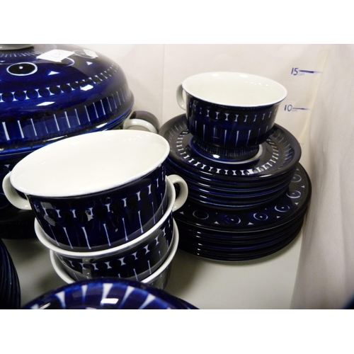 67 - Arabia Finland blue and white part dinner set to include tureen, cups, teapot, also four Royal Worce... 