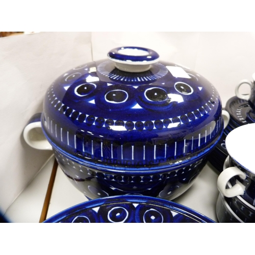 67 - Arabia Finland blue and white part dinner set to include tureen, cups, teapot, also four Royal Worce... 