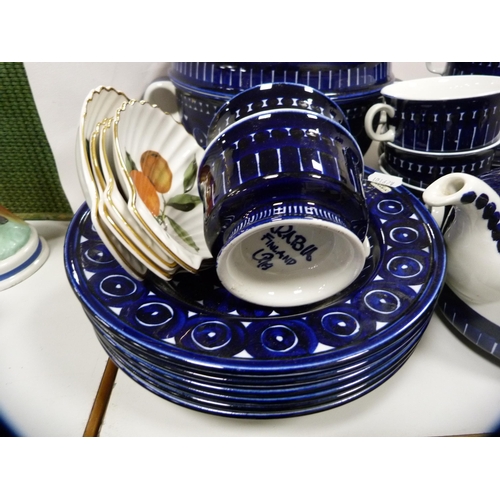 67 - Arabia Finland blue and white part dinner set to include tureen, cups, teapot, also four Royal Worce... 