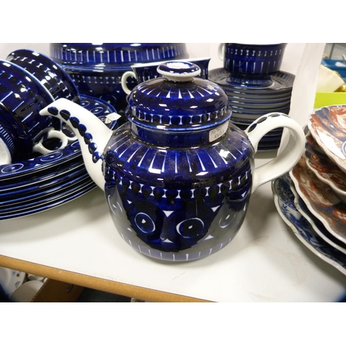 67 - Arabia Finland blue and white part dinner set to include tureen, cups, teapot, also four Royal Worce... 