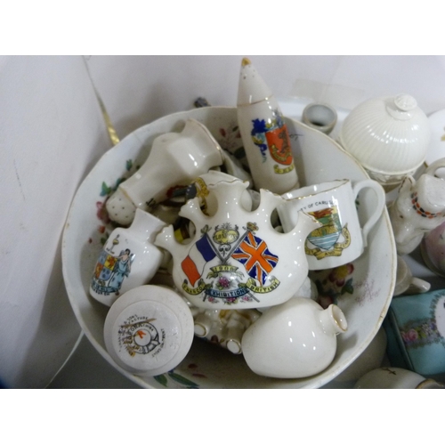 71 - Group of assorted crested wares, small Staffordshire flatback figure, lustre porcelain jug etc.