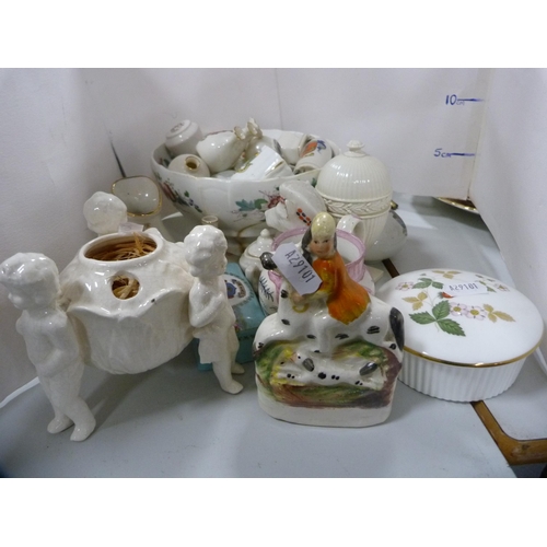 71 - Group of assorted crested wares, small Staffordshire flatback figure, lustre porcelain jug etc.