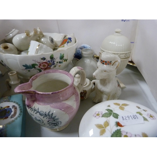 71 - Group of assorted crested wares, small Staffordshire flatback figure, lustre porcelain jug etc.