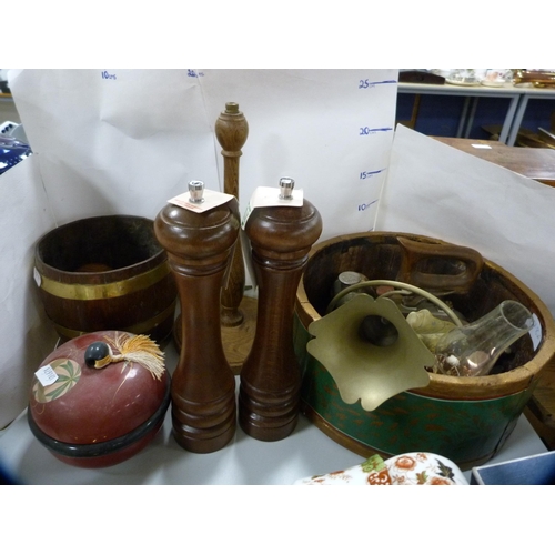 78 - Group of wooden and metal items to include turned wood candlestick, pepper grinders, vintage steam i... 