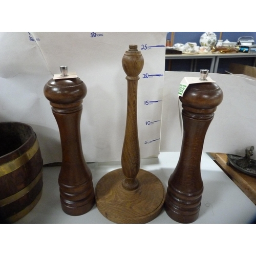 78 - Group of wooden and metal items to include turned wood candlestick, pepper grinders, vintage steam i... 