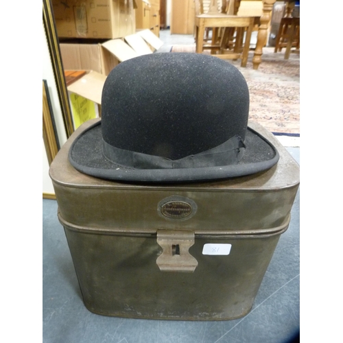 81 - Bowler hat retailed by Tress & Co., London, in a tin hat box.