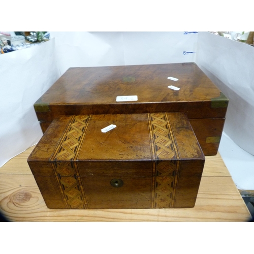 84 - Victorian walnut brass-mounted portable writing slope and a Victorian marquetry portable box.  (2)