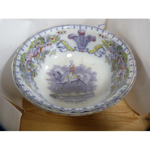 85 - Victorian punch bowl, 19th century sugar bowl, and four assorted Staffordshire flatback figures to i... 