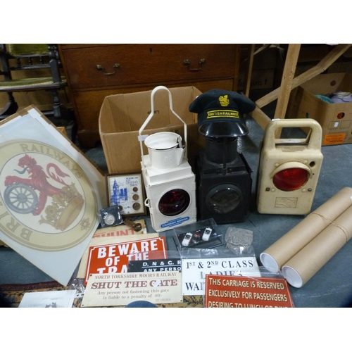 92 - Carton containing railway lamps, scroll prints, signage, British Railways cap, pre-decimal coin set,... 