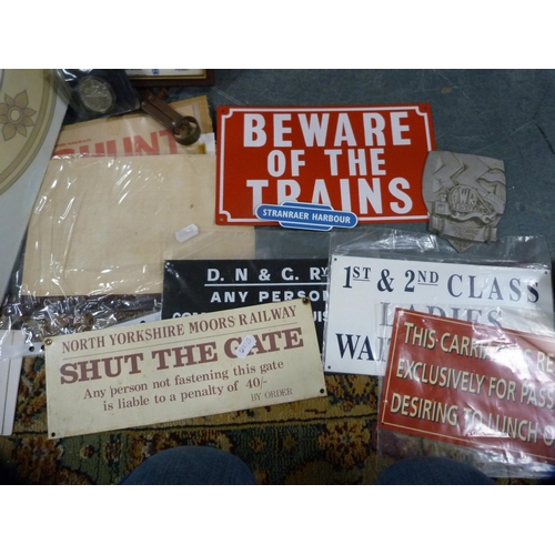 92 - Carton containing railway lamps, scroll prints, signage, British Railways cap, pre-decimal coin set,... 