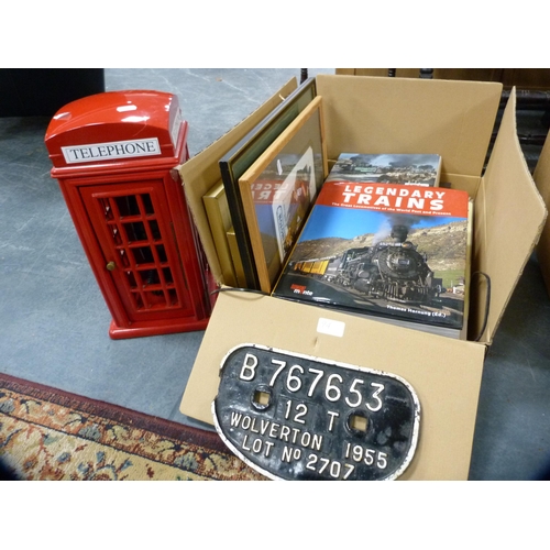 94 - Carton containing cast iron railway wagon plate for B767653 Wolverton 1955, railway-related books, p... 