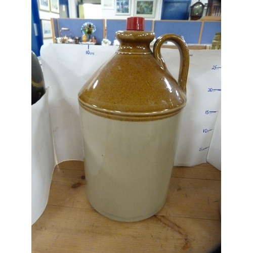 96 - Two gallon stoneware flagon, another smaller flagon, and a mortar and pestle.