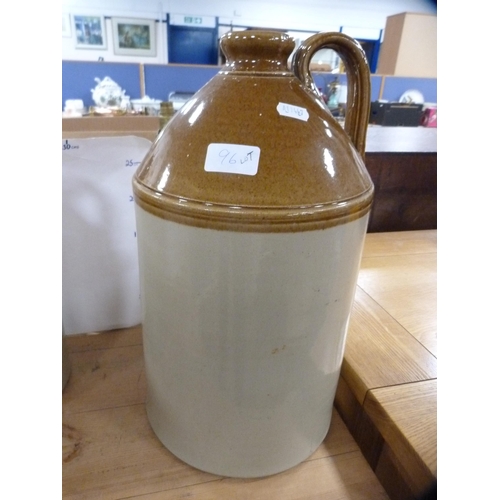 96 - Two gallon stoneware flagon, another smaller flagon, and a mortar and pestle.