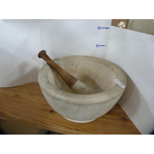 96 - Two gallon stoneware flagon, another smaller flagon, and a mortar and pestle.