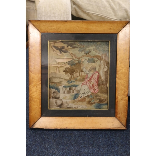 20C - 19th century needlework on silk panel depicting a gentleman with eagles, 38cm x 33cm, birch frame 60... 