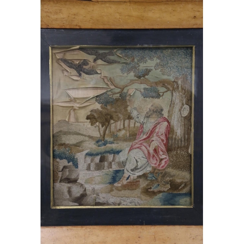 20C - 19th century needlework on silk panel depicting a gentleman with eagles, 38cm x 33cm, birch frame 60... 